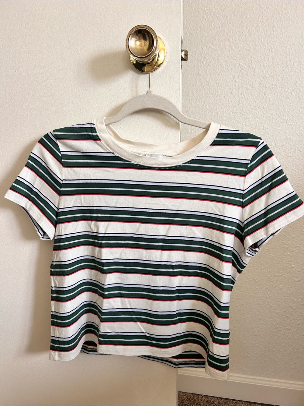 Sunday Best Green and White Striped Short Sleeve Tee with Red Accents